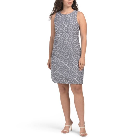 LONDON TIMES chambray Cotton Embroidered Eyelet Shift Dress